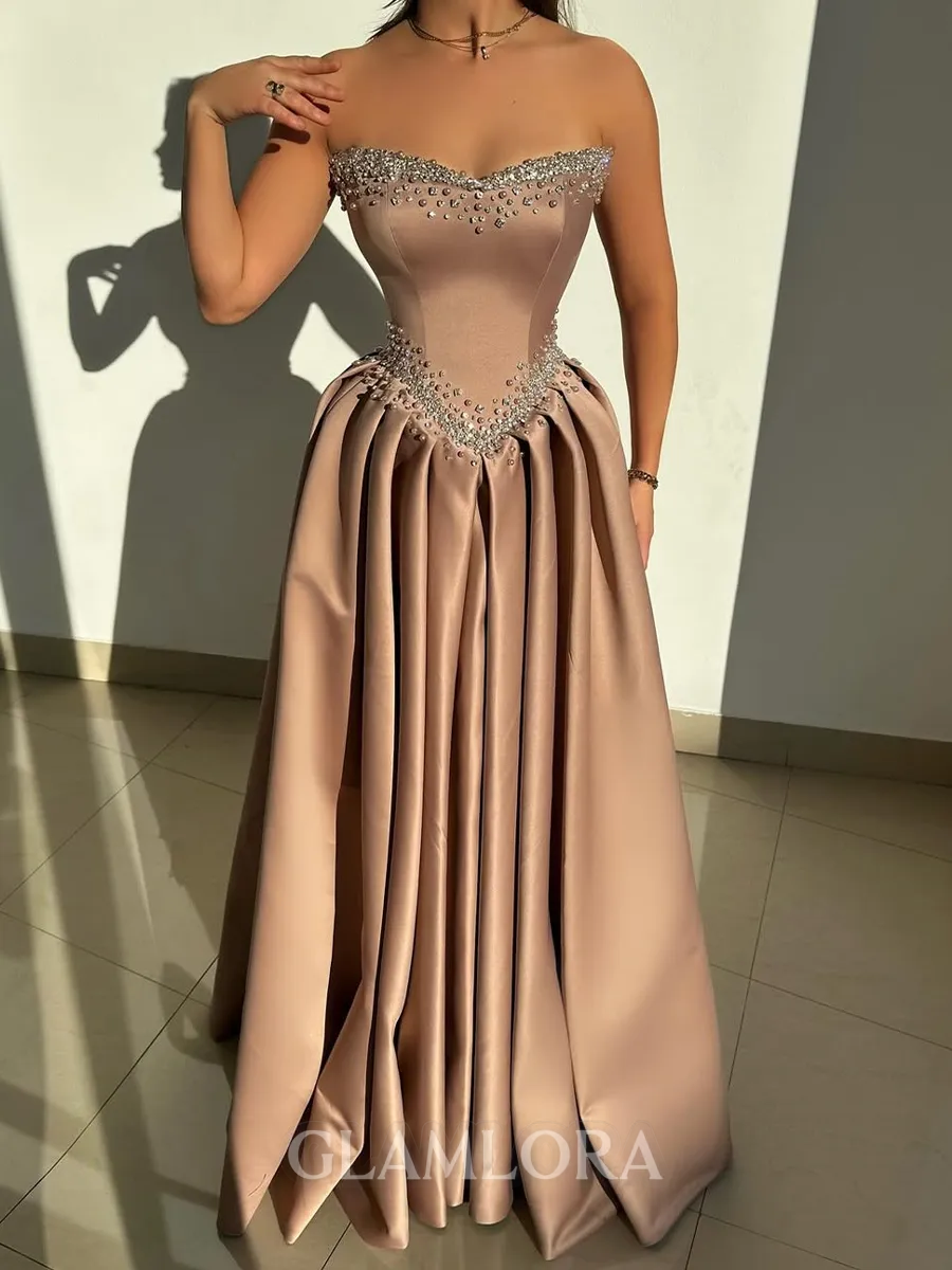 Luxurious A-line Straight Beading Floor-Length Satin Corset Prom Dress
