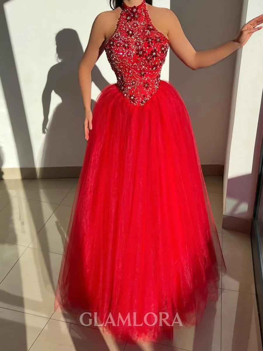 Mesmerizing A-line Halter Beading Floor-Length Tulle Corset Prom Dress