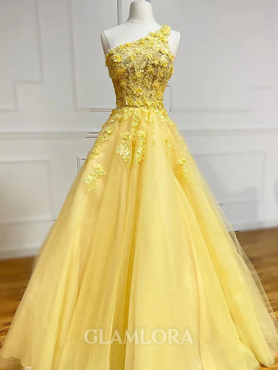 Unique A-line One-Shoulder Appliques Lace Floor-Length Tulle Corset Prom Dress