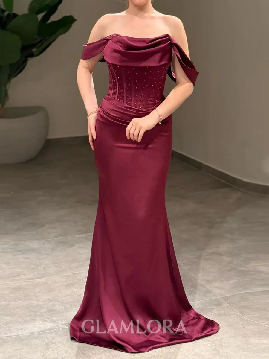 Hermosos Sheath Off-the-Shoulder Pleated Sweep Train Silk Like Satin Corset Prom Dress