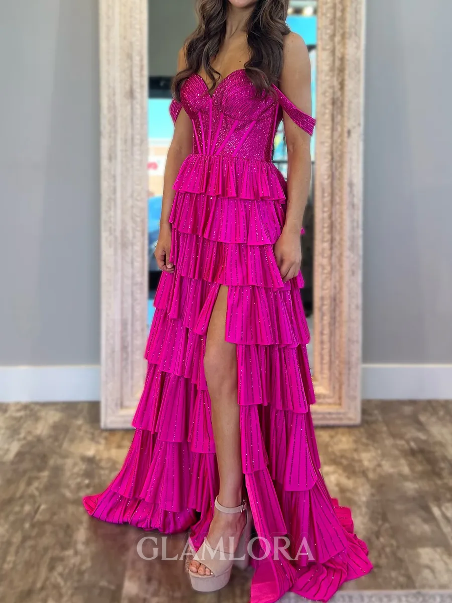 Opulent A-line Off-the-Shoulder Cascading Ruffles Sweep Train Silk Like Satin Corset Prom Dress