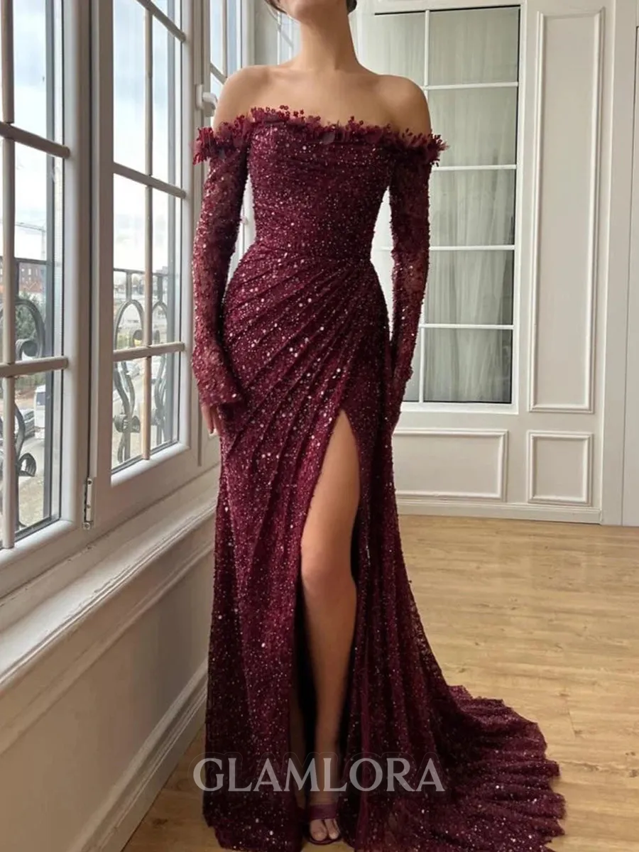 Gorgeous Sheath Off-the-Shoulder Long Sleeves Pleated Sweep Train Prom Dress