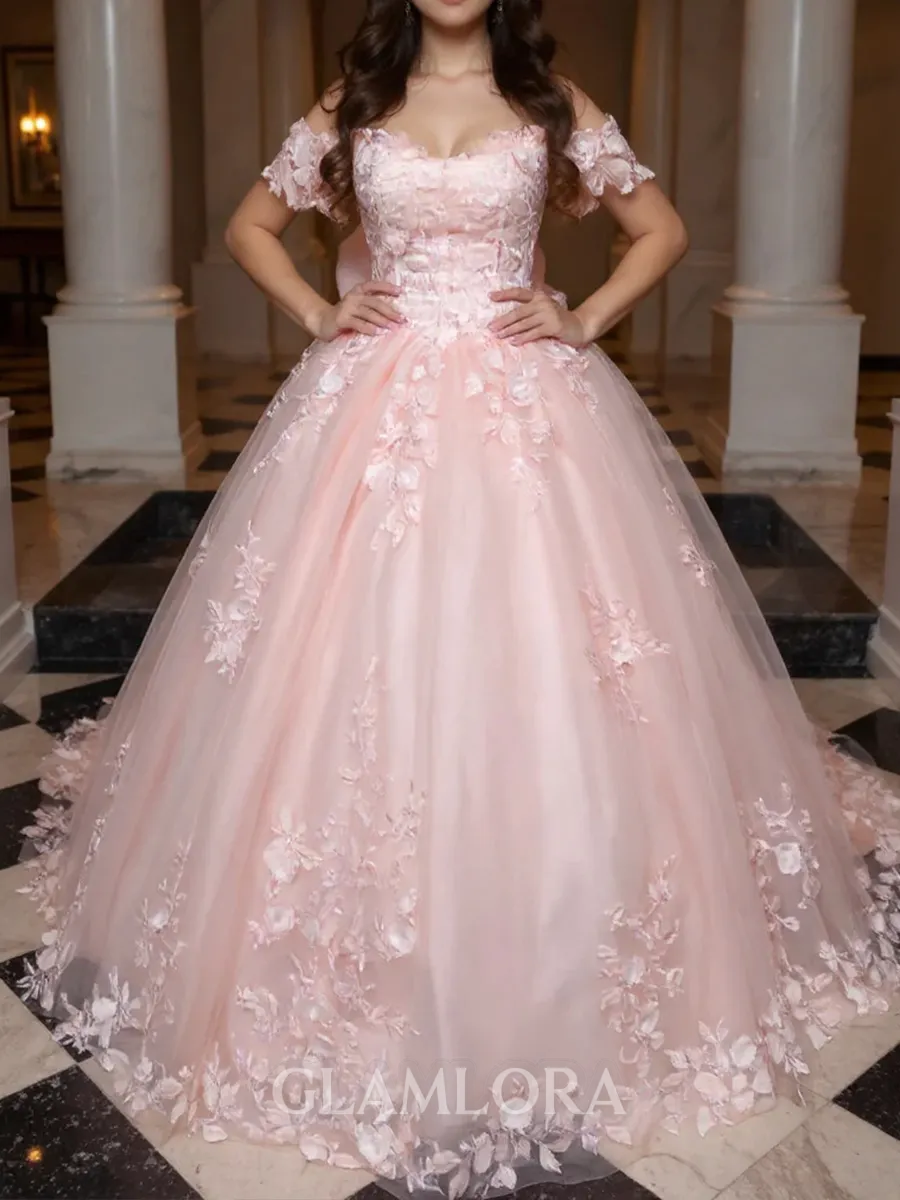 Luxurious Ball-Gown Off-the-Shoulder Short Sleeves Appliques Lace Sweep Train Tulle Corset Prom Dress