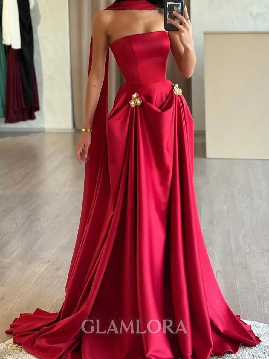 Aristocratic A-line Straight Pleated Sweep Train Silk Like Satin Corset Prom Dress