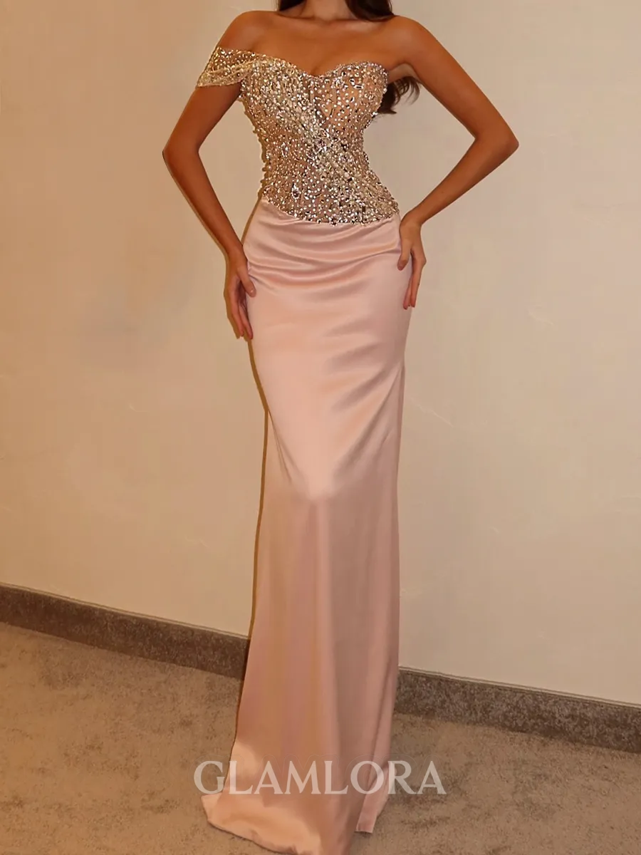 Extravagant Sheath One-Shoulder Beading Floor-Length Silk Like Satin Corset Prom Dress