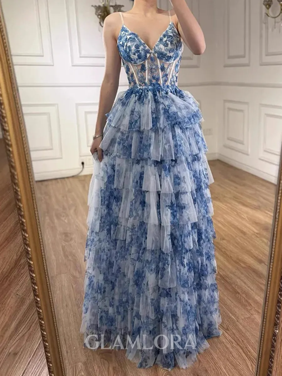 Glamorous A-line V-Neck Cascading Ruffles Floor-Length Corset Prom Dress