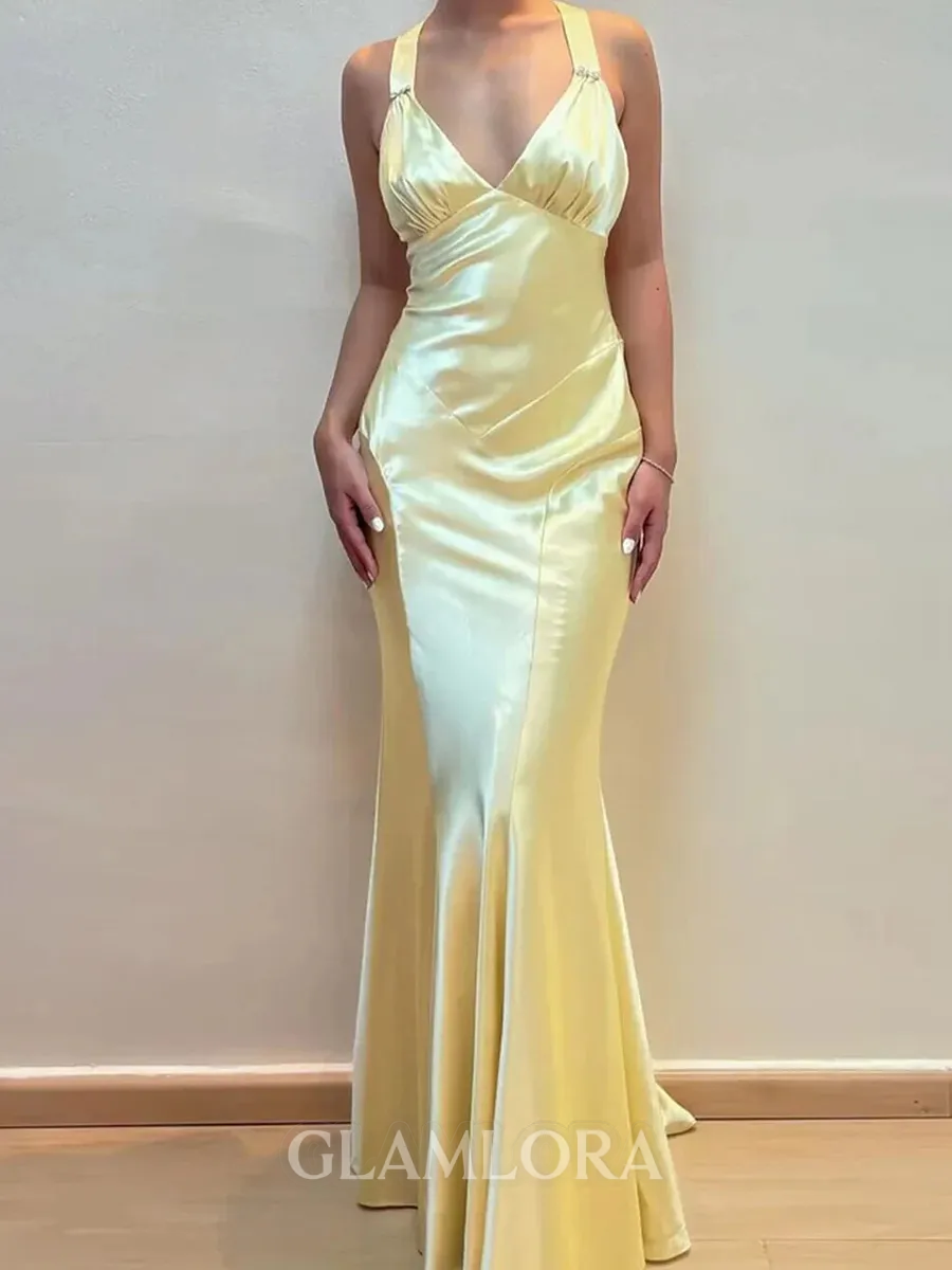 Hermosos Sheath V-Neck Pleated Floor-Length Silk Like Satin Corset Prom Dress