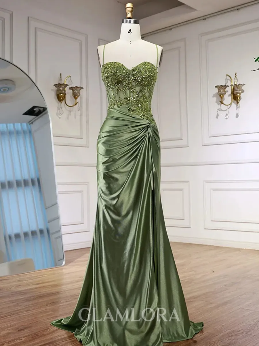 Fashion Sheath Spaghetti Straps Appliques Lace Sweep Train Silk Like Satin Corset Prom Dress