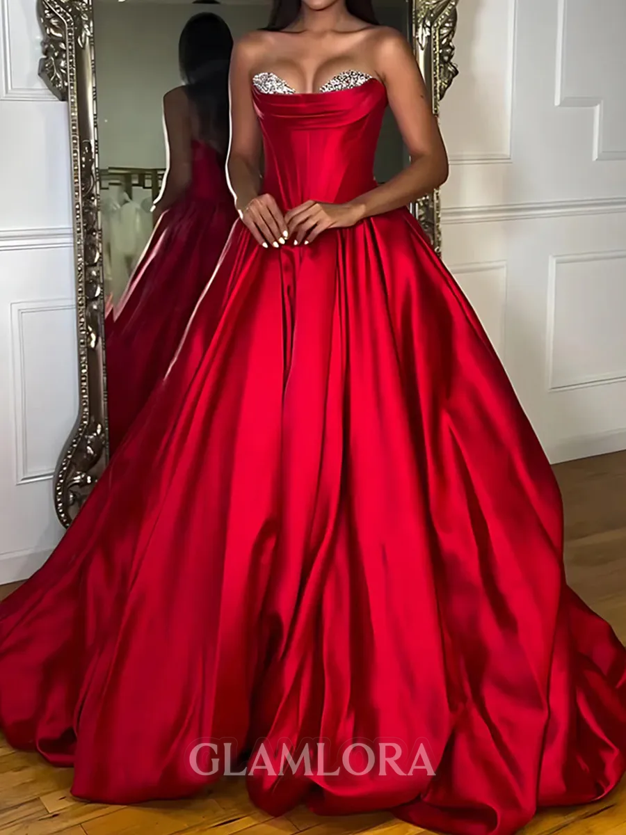 Grand Ball-Gown Sweetheart Beading Court Train Satin Corset Prom Dress
