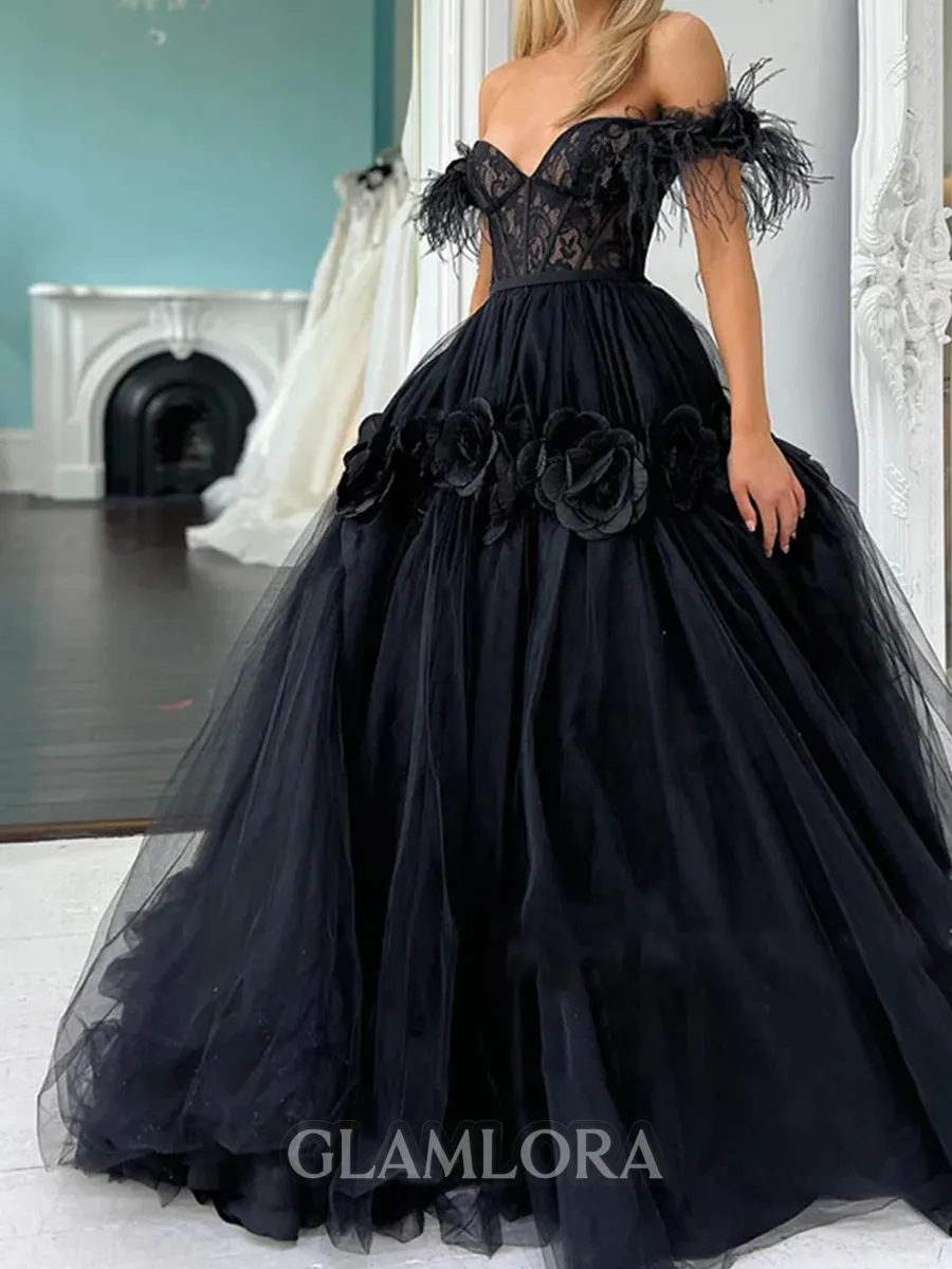 Gorgeous A-line Off-the-Shoulder Flower Floor-Length Tulle Corset Prom Dress
