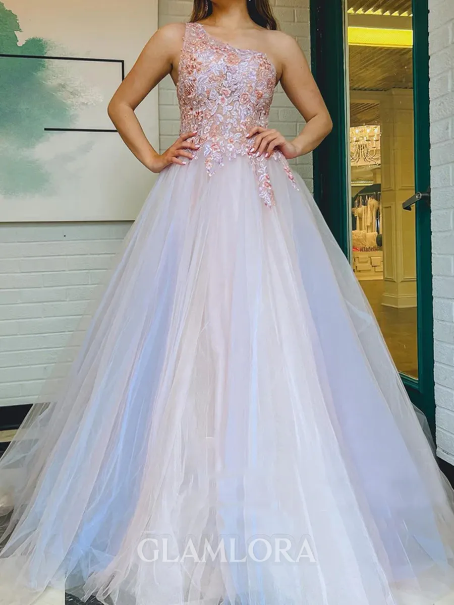 Show-stopping A-line One-Shoulder Appliques Lace Floor-Length Tulle Prom Dress