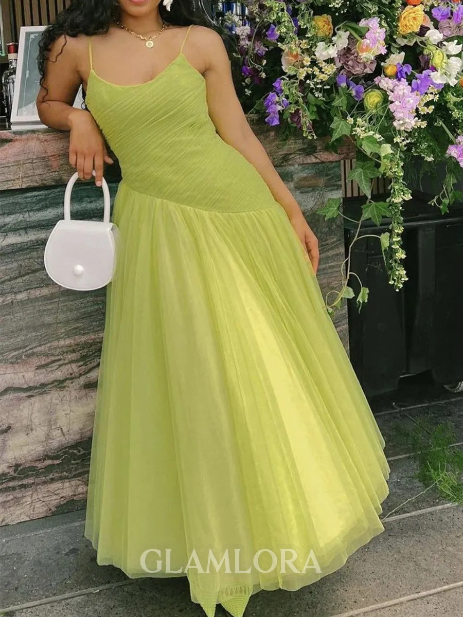 Hermosos A-line Spaghetti Straps Ruffles Floor-Length Tulle Corset Prom Dress