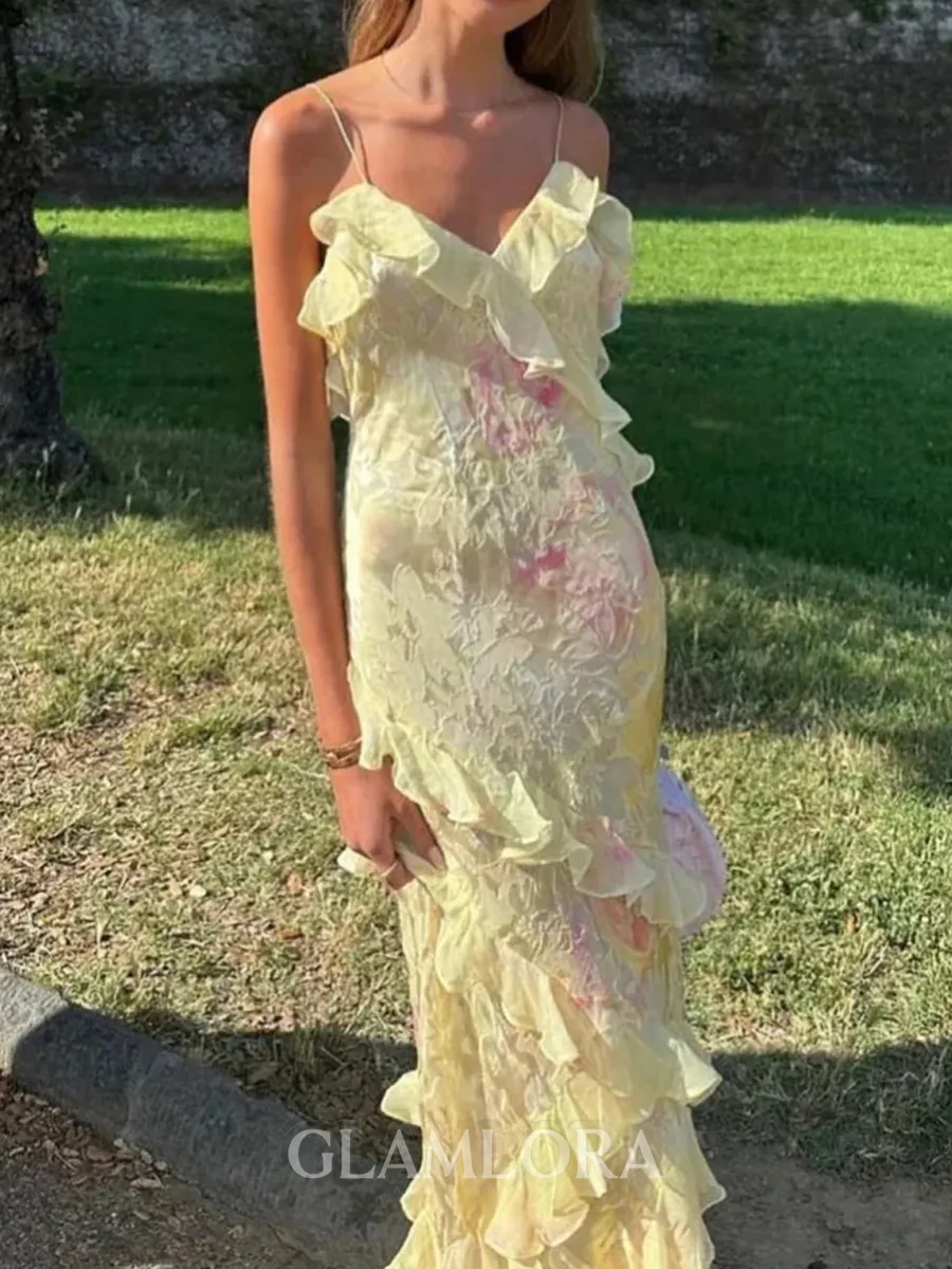 Charming Sheath Spaghetti Straps Ruffles Sweep Train Prom Dress