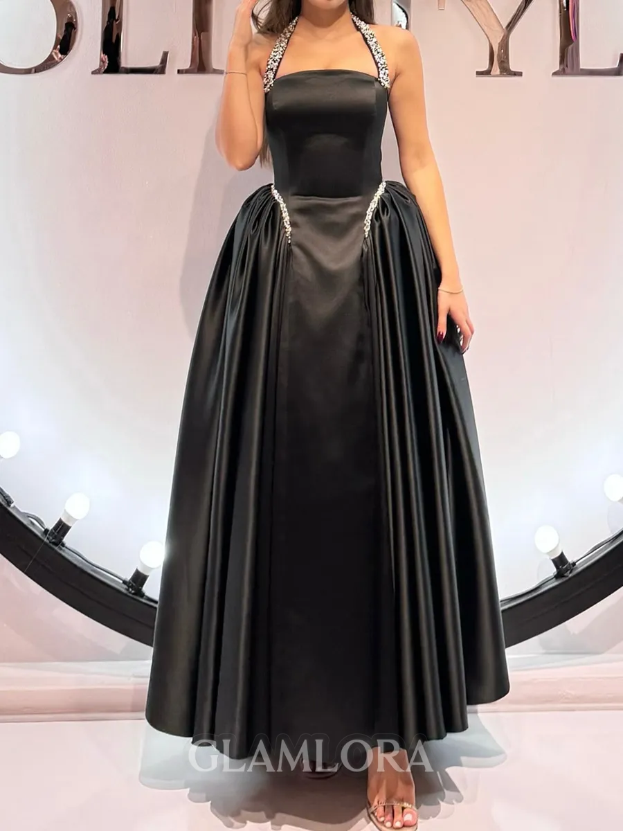 Graceful A-line Halter Ruffles Ankle-Length Satin Corset Prom Dress