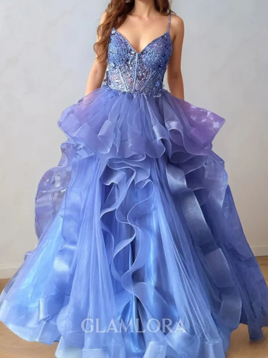 Striking A-line Spaghetti Straps Cascading Ruffles Sweep Train Tulle Corset Prom Dress