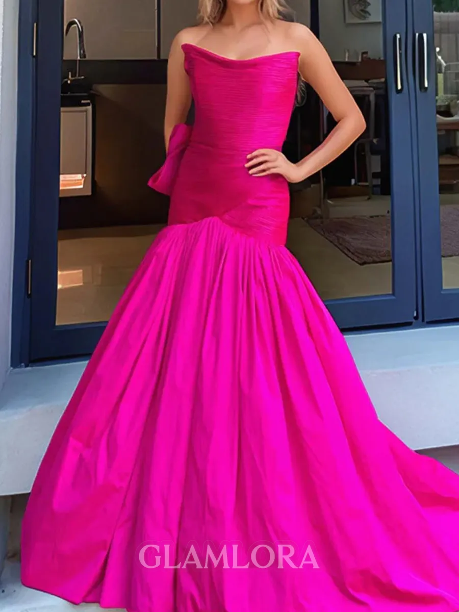 Aristocratic Trumpet Straight Bow Sweep Train Taffeta Corset Prom Dress