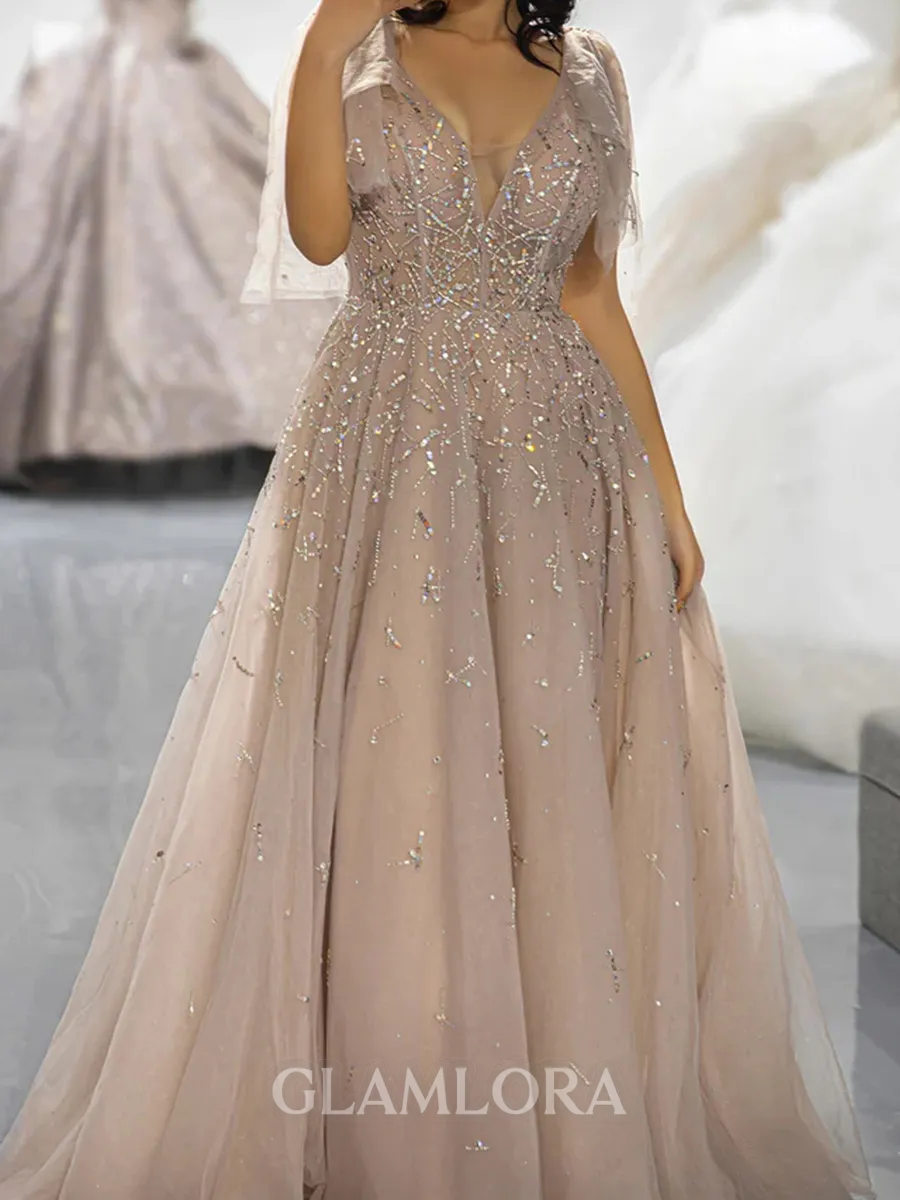 Splendiferous A-line V-Neck Ruffles Sweep Train Tulle Prom Dress