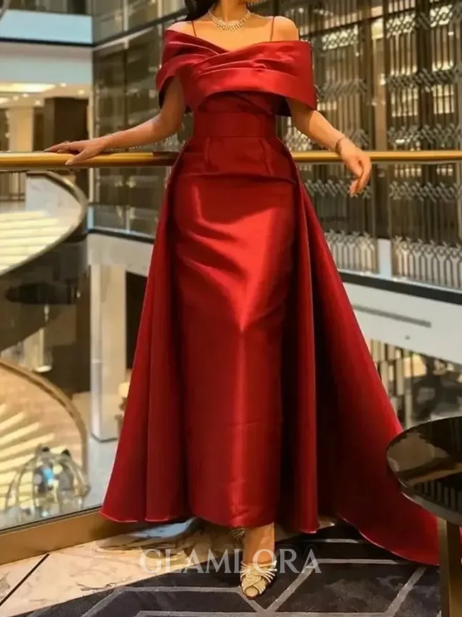 Unique A-line Spaghetti Straps Ruffles Court Train Satin Corset Prom Dress