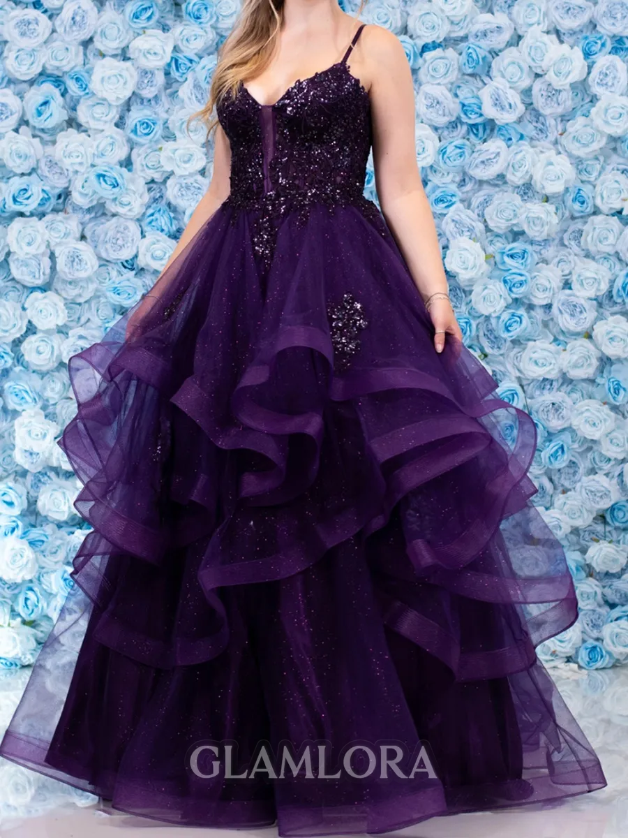 Charming A-line Spaghetti Straps Cascading Ruffles Floor-Length Tulle Corset Prom Dress