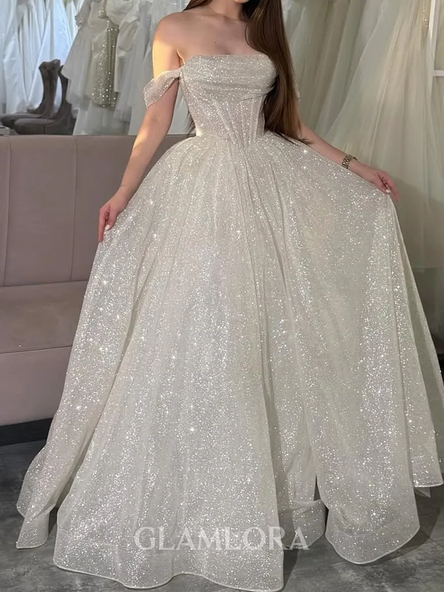 Hot A-line Off-the-Shoulder Sequin Floor-Length Sequins Corset Prom Dress