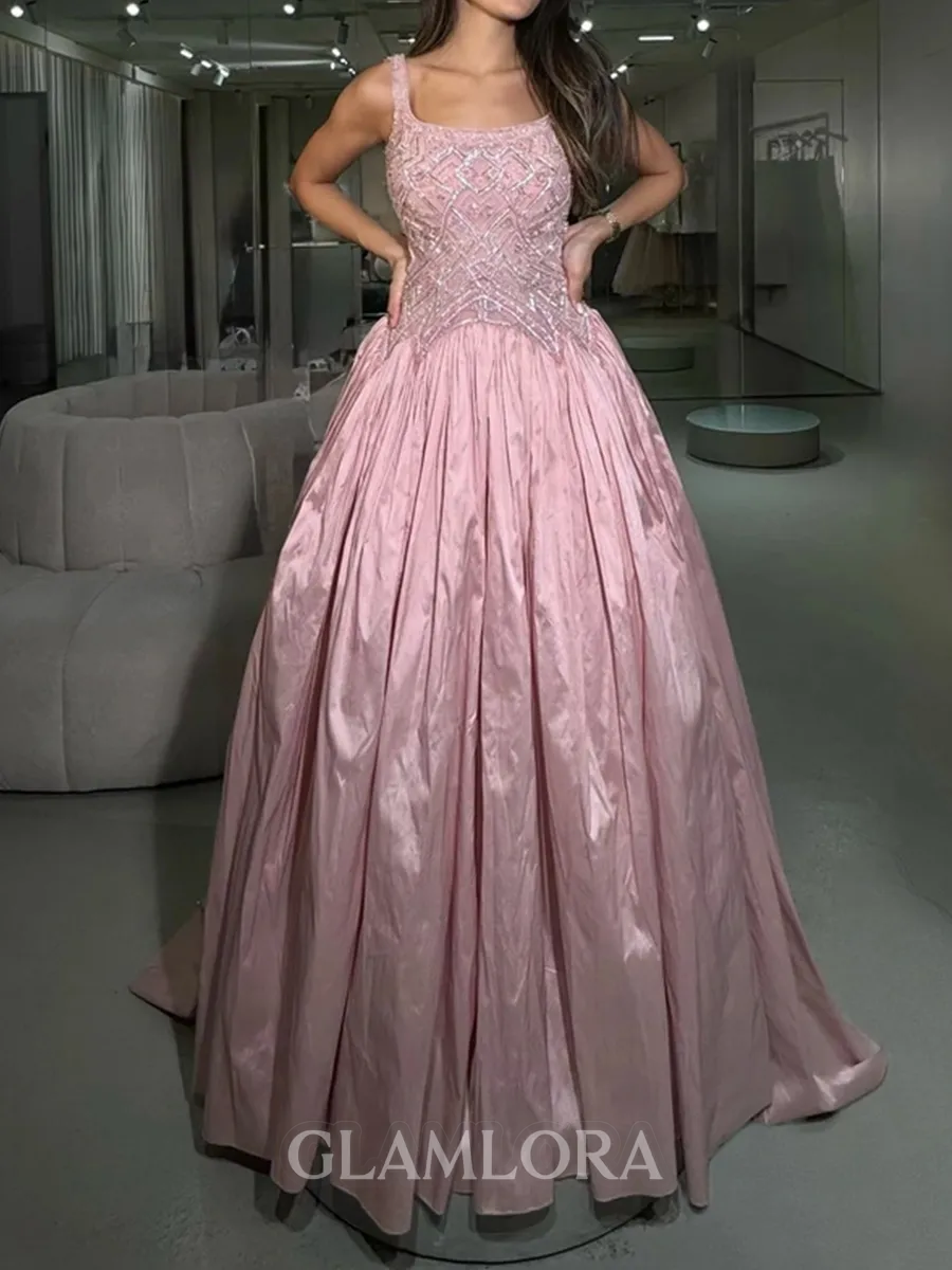 Glamorous A-line Square Ruffles Sweep Train Taffeta Corset Prom Dress