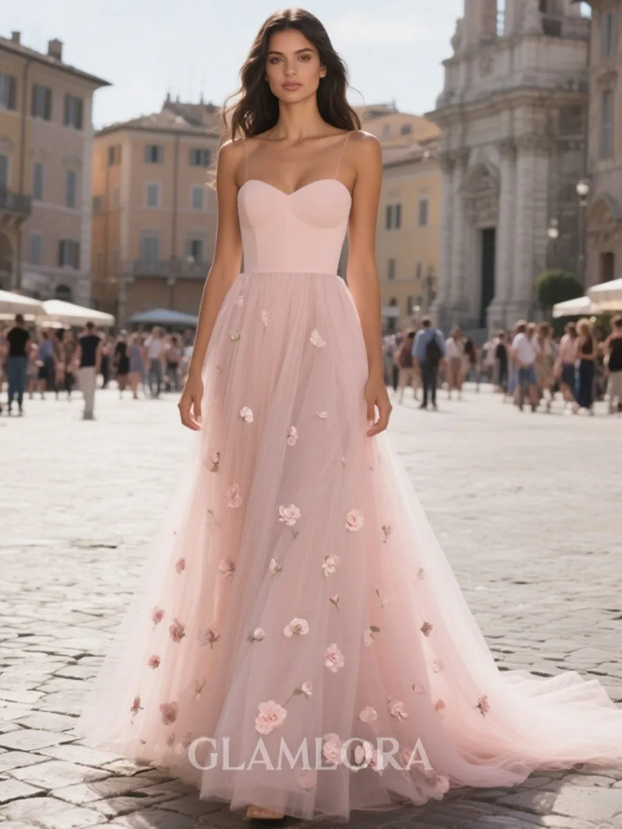 Splendiferous A-line Spaghetti Straps Ruffles Court Train Tulle Corset Prom Dress