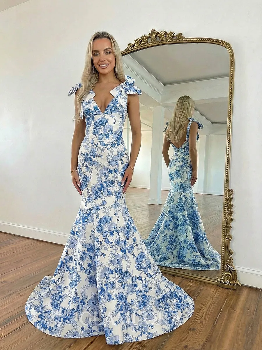 Mesmerizing Mermaid V-neck Bow Sweep Train Prom Dress