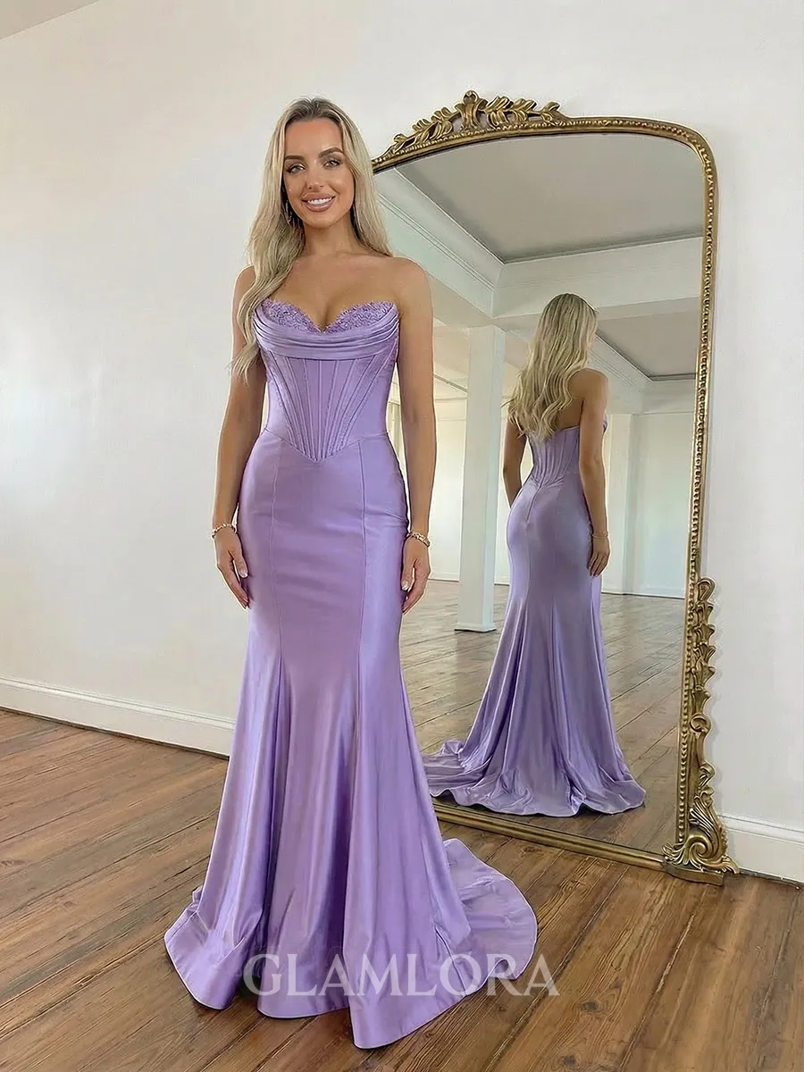 Unique Mermaid Sweetheart Appliques Lace Court Train Silk Like Satin Corset Prom Dress