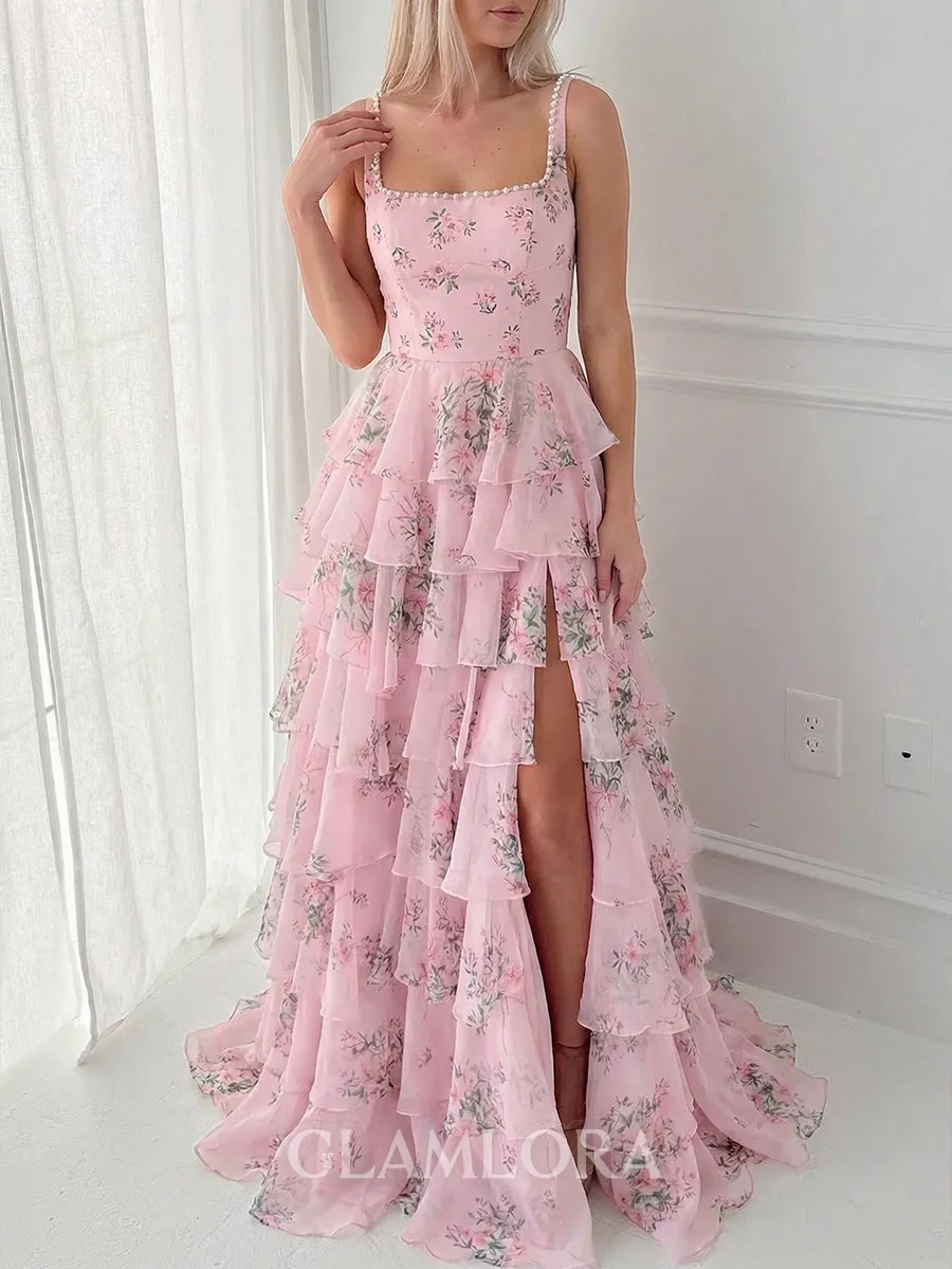 Pretty A-line Square Cascading Ruffles Sweep Train Corset Prom Dress