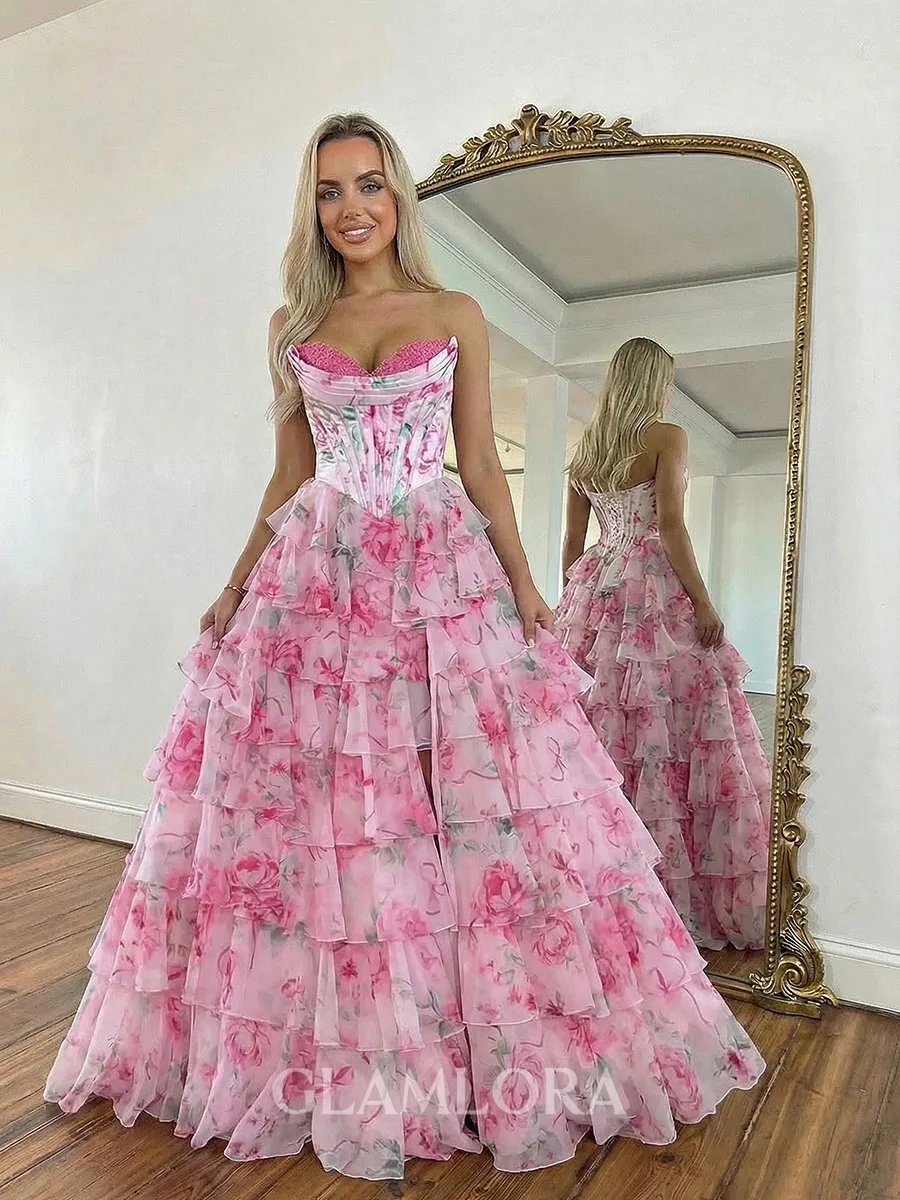 Hot A-line Sweetheart Cascading Ruffles Sweep Train Corset Prom Dress