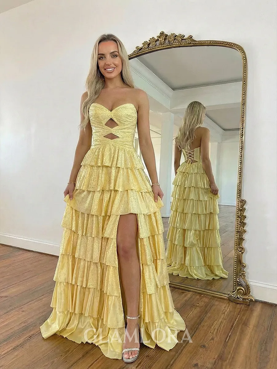 Stylish A-line Sweetheart Cascading Ruffles Floor-Length Silk Like Satin Corset Prom Dress