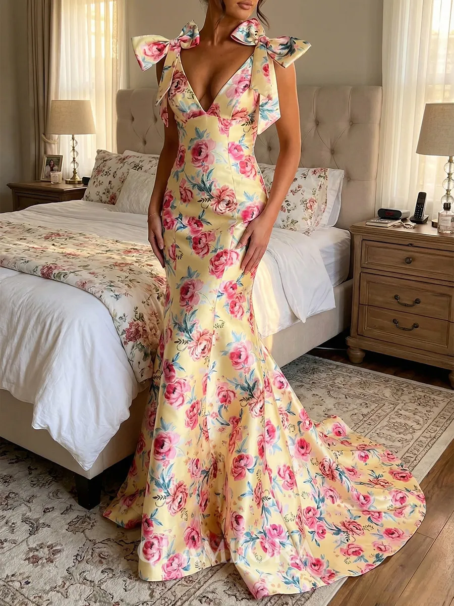 Striking Sheath V-neck Bow Sweep Train Prom Dress