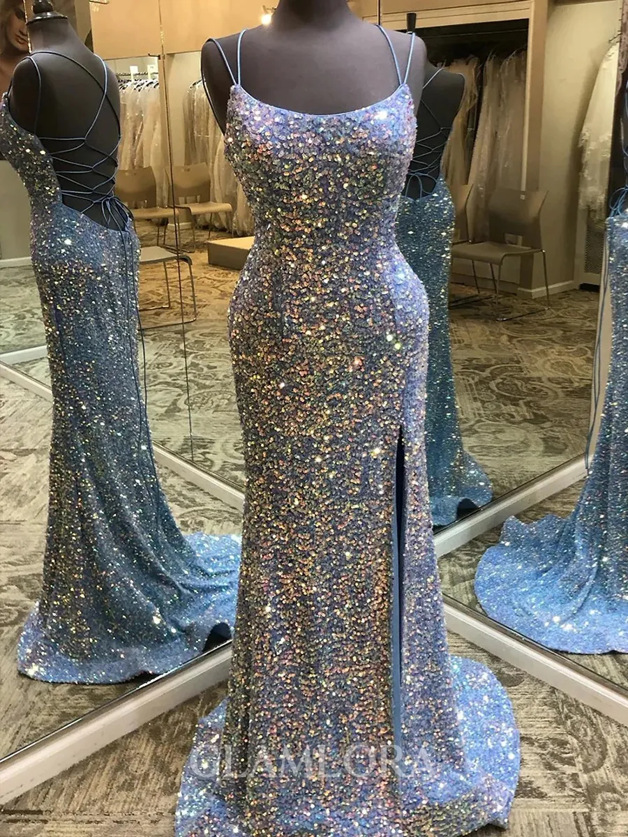 Fashion Sheath Spaghetti Straps Sweep Train Velvet Sequins Prom Dress