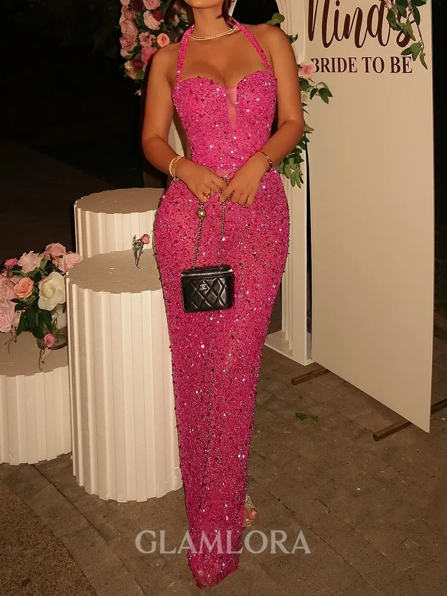 Unforgettable Sheath Halter Sequin Floor-Length Prom Dress
