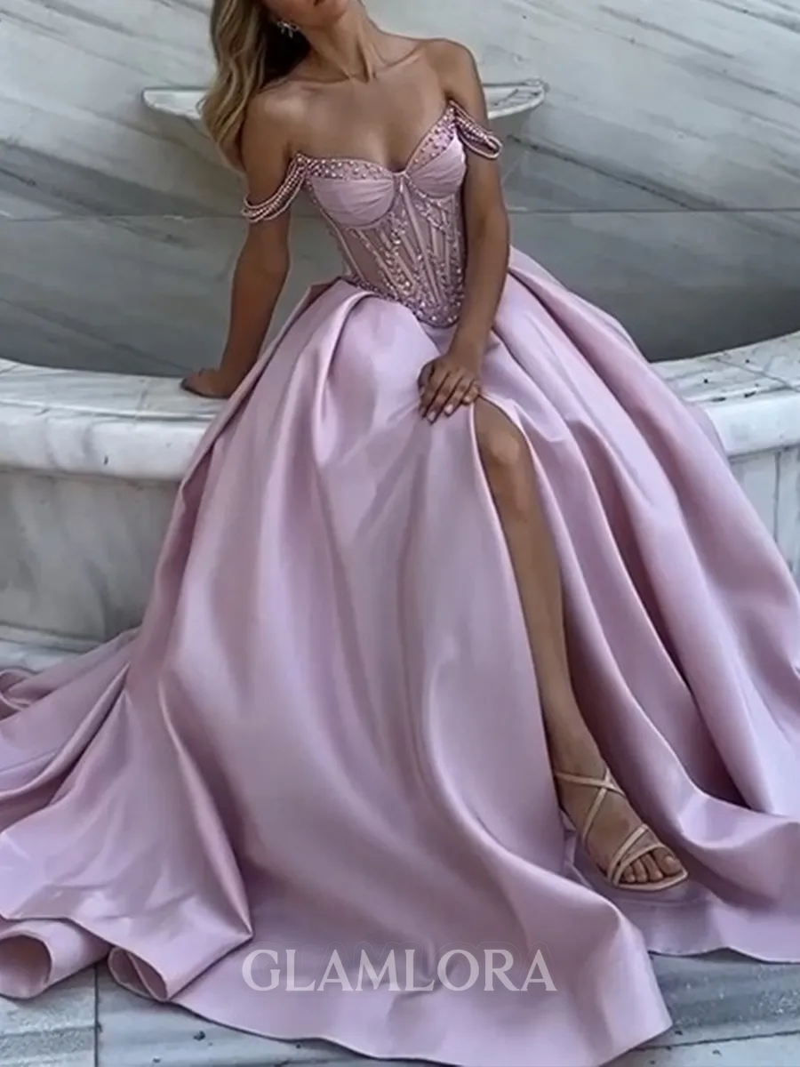 Hermosos A-line Off-the-Shoulder Ruffles Chapel Train Satin Prom Dress