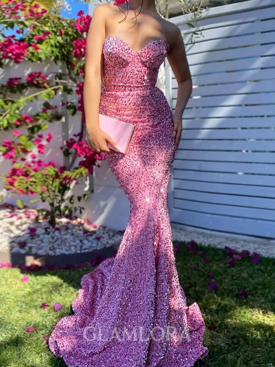 Elegant Sheath Sweetheart Sequin Sweep Train Velvet Sequins Prom Dress