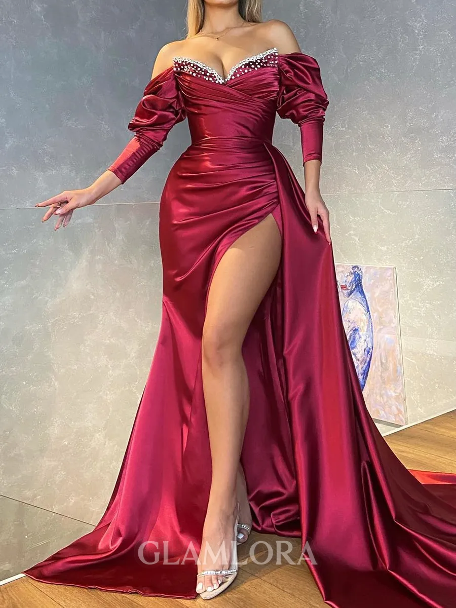 Glamorous Sheath Off-the-Shoulder 3/4 Sleeves Rhinestone Chapel Train Silk Like Satin Corset Prom Dress