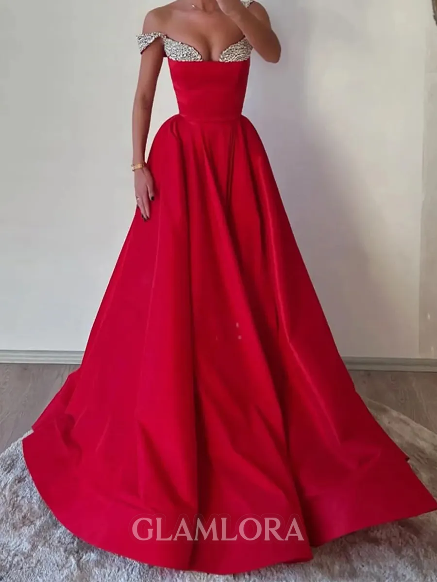 Stunning A-line Off-the-Shoulder Rhinestone Sweep Train Satin Corset Prom Dress