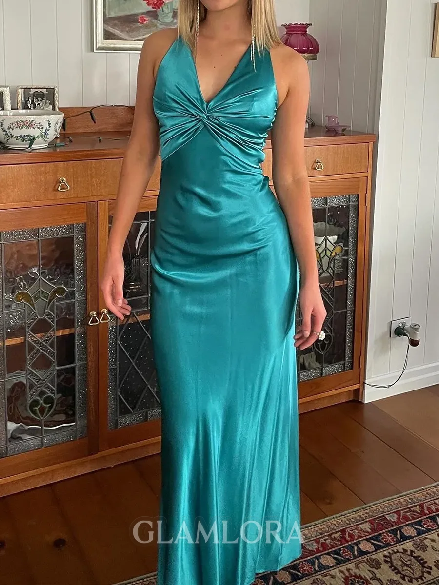 Slinky Sheath V-Neck Bow Sweep Train Silk Like Satin Prom Dress