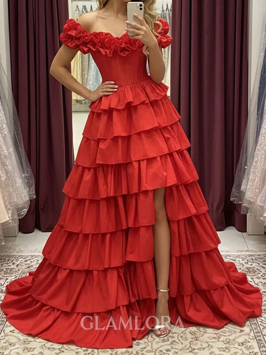 Dreamy A-line Off-the-Shoulder Cascading Ruffles Floor-Length Taffeta Corset Prom Dress