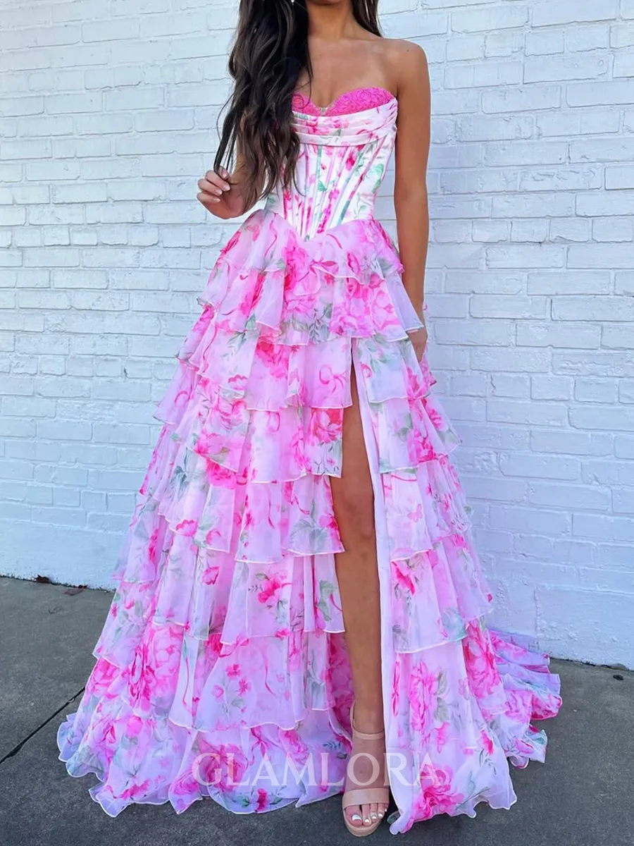 Perfect A-line Sweetheart Cascading Ruffles Sweep Train Corset Prom Dress