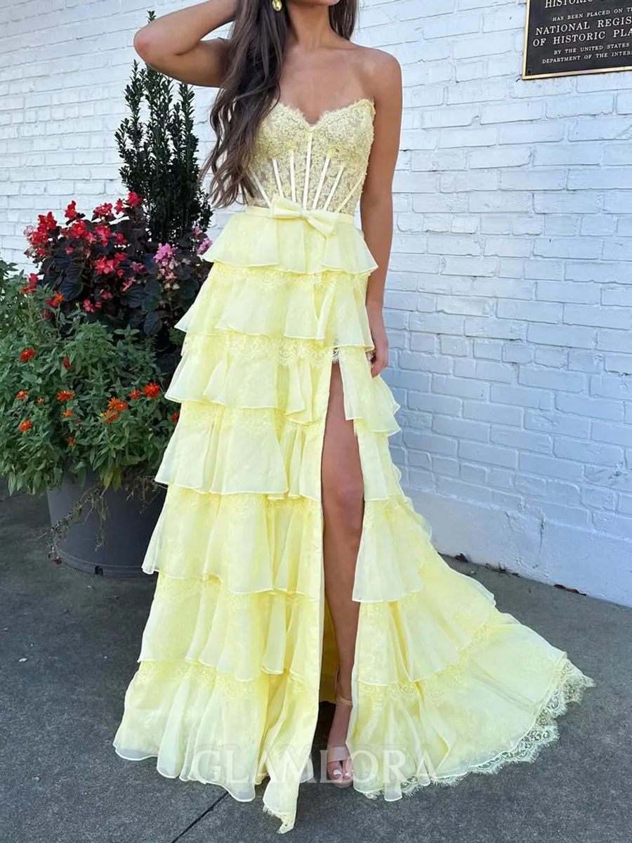 Glam A-line Sweetheart Cascading Ruffles Sweep Train Chiffon Corset Prom Dress