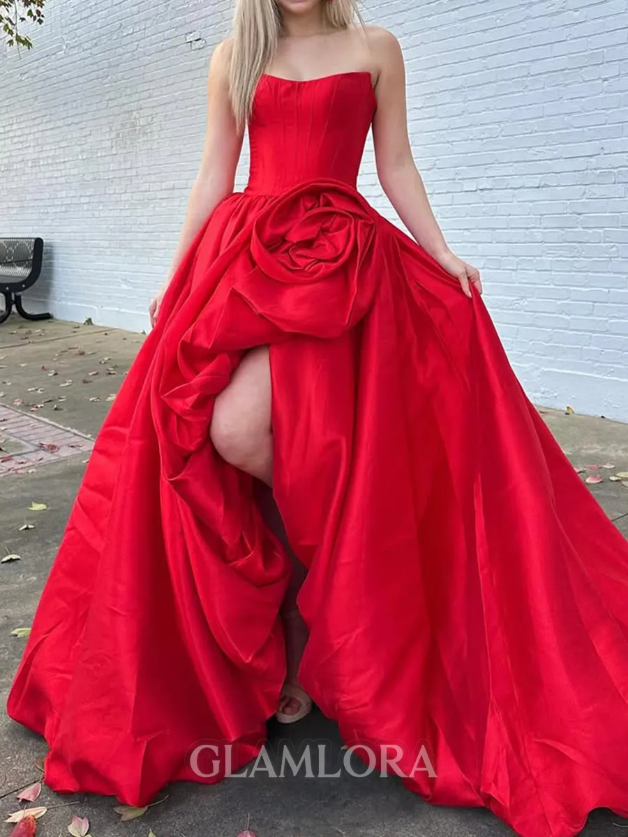 Pretty A-line Straight Flower Court Train Satin Corset Prom Dress