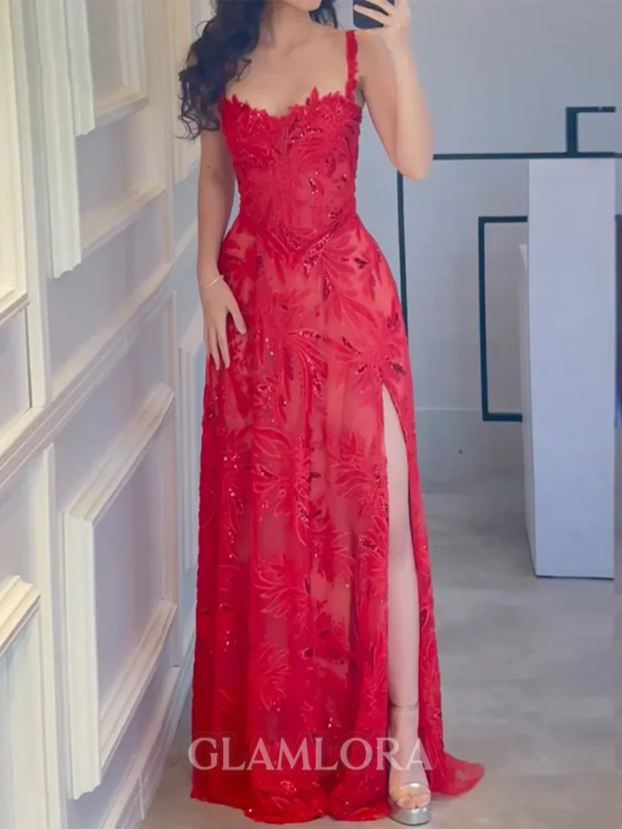 Elegant A-line Straps Appliques Lace Floor-Length Tulle Corset Prom Dress