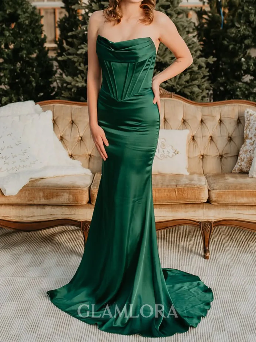 Contemporary Sheath Straight Pleated Sweep Train Silk Like Satin Corset Prom Dress