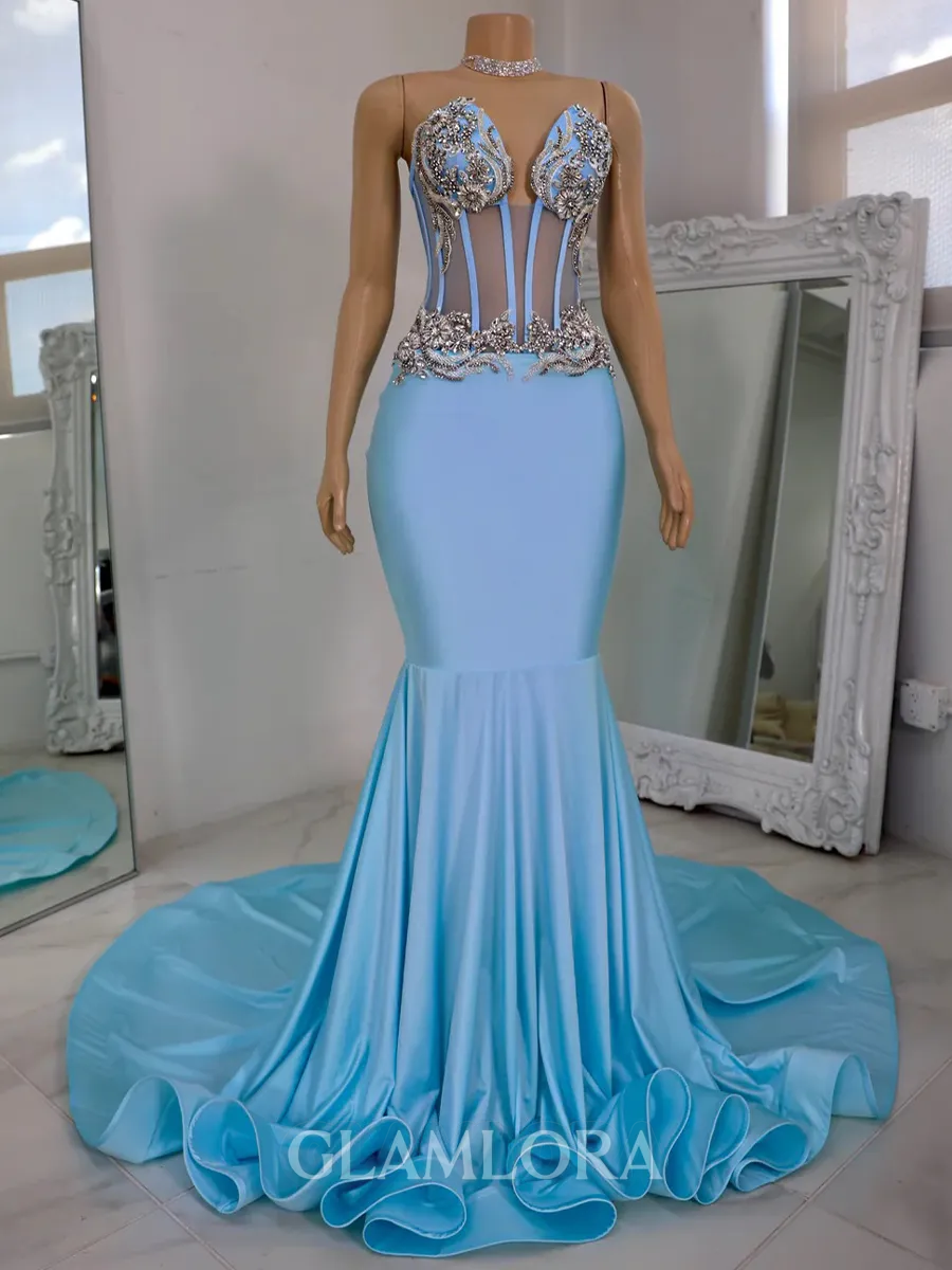 Seductive Mermaid V-Neck Rhinestone Chapel Train Jersey Corset Prom Dress