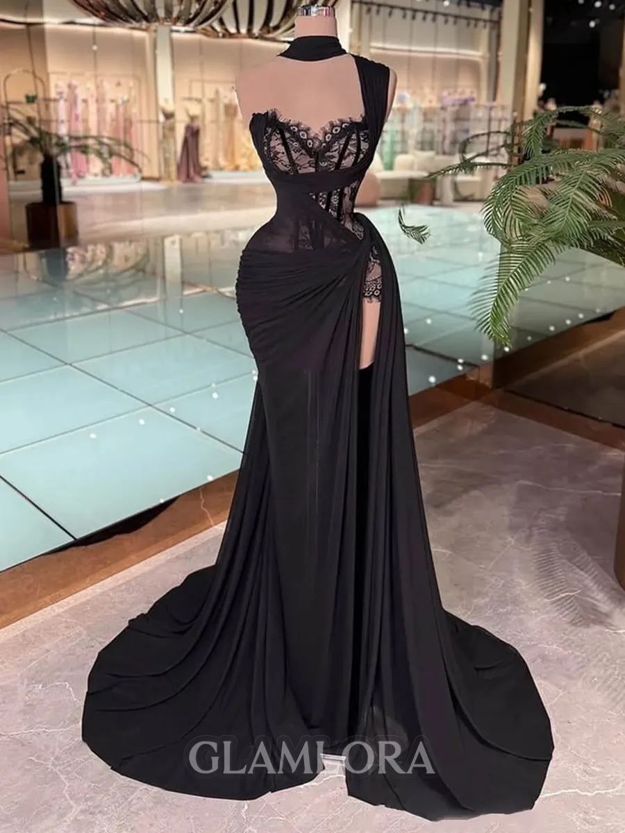 Form-fitting Sheath One-Shoulder Appliques Lace Sweep Train Satin Chiffon Corset Prom Dress