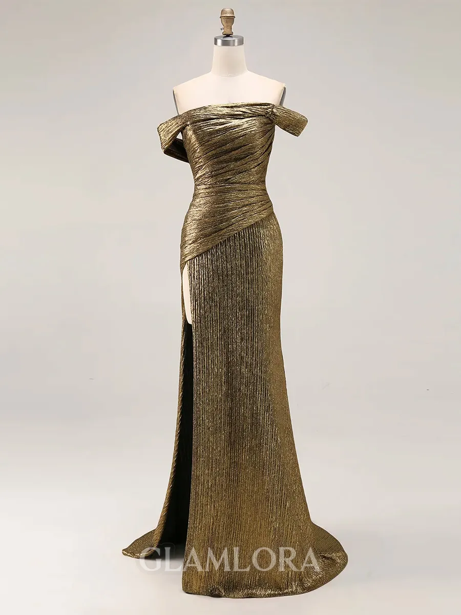 Slinky Sheath Off-the-Shoulder Pleated Sweep Train Corset Prom Dress