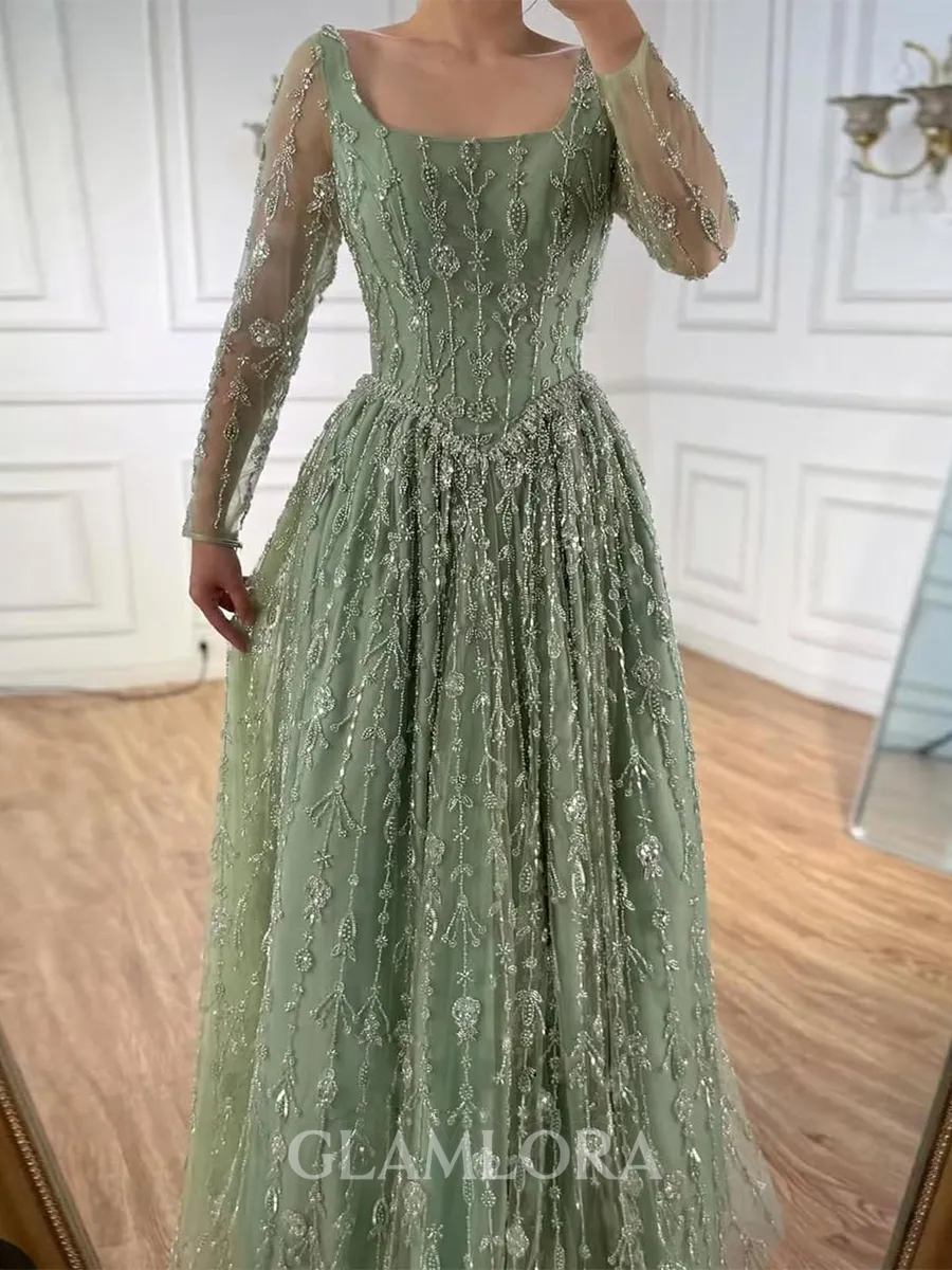 Sophisticated A-line Square Long Sleeves Appliques Lace Floor-Length Lace Prom Dress