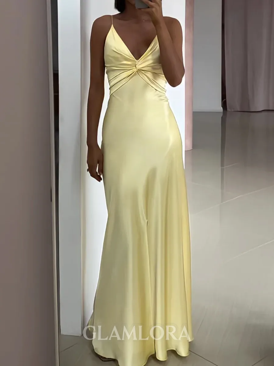 Beautiful A-line V-Neck Pleated Floor-Length Silk Like Satin Prom Dress